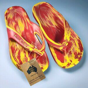 Aussie Souls Flip Flops Starfish Pattern Red Yellow Thong Sandals Womens Size 8